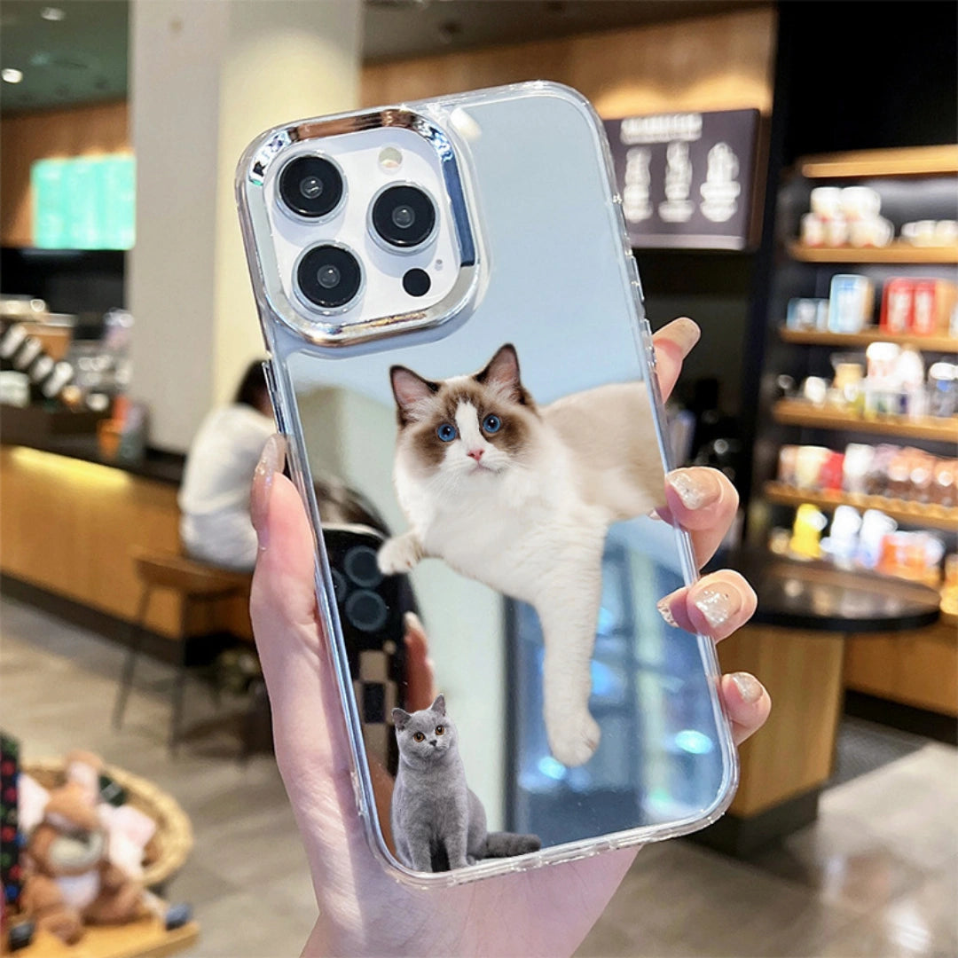 Ameigas Creative Cat iPhone Case — Cute Mirror Hard PC Cover with Built-In Mirror, Shockproof & Scratch-Resistant
