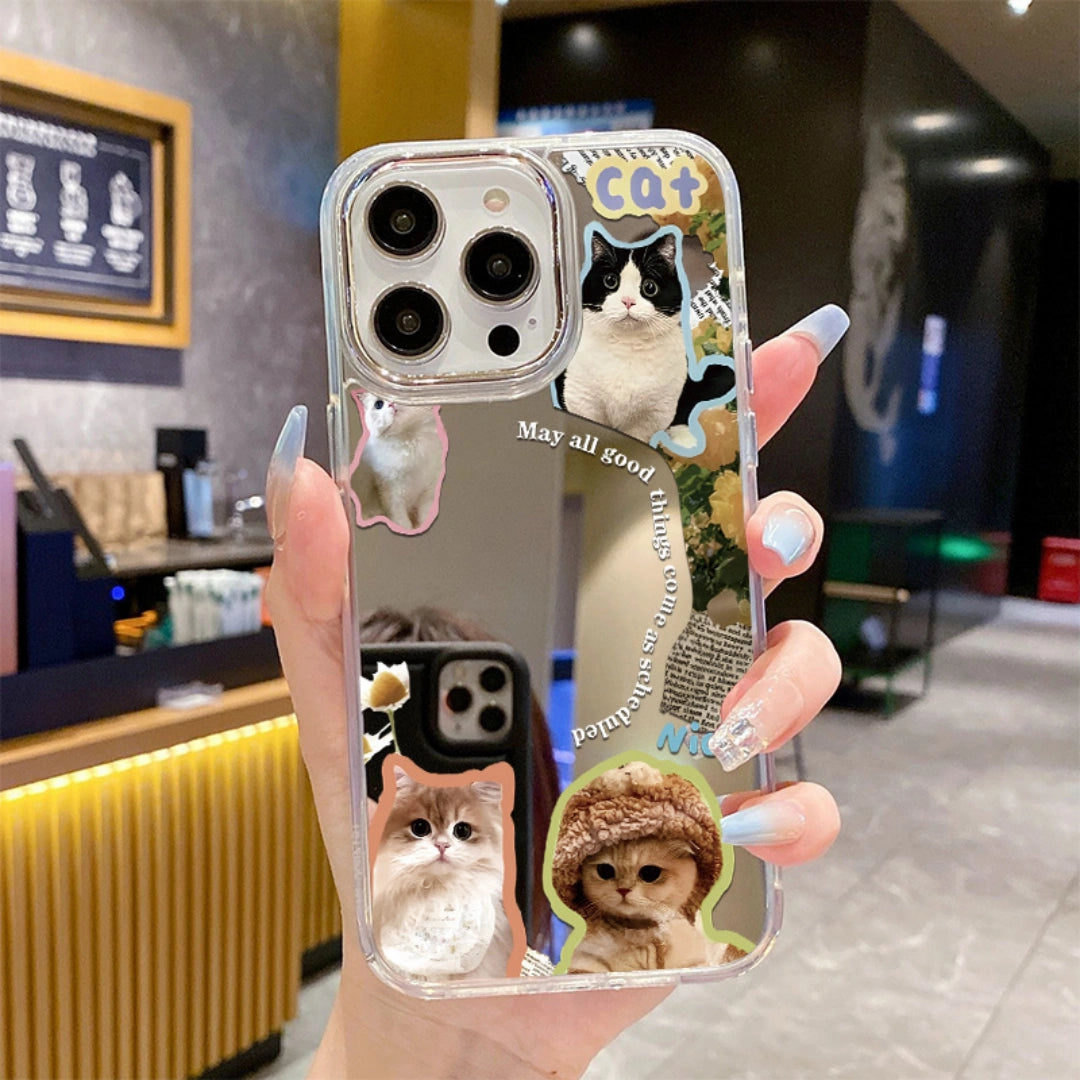 Ameigas Creative Cat iPhone Case — Cute Mirror Hard PC Cover with Built-In Mirror, Shockproof & Scratch-Resistant