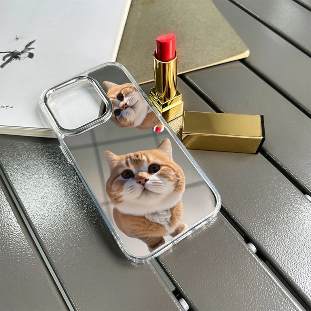 Ameigas Creative Cat iPhone Case — Cute Mirror Hard PC Cover with Built-In Mirror, Shockproof & Scratch-Resistant