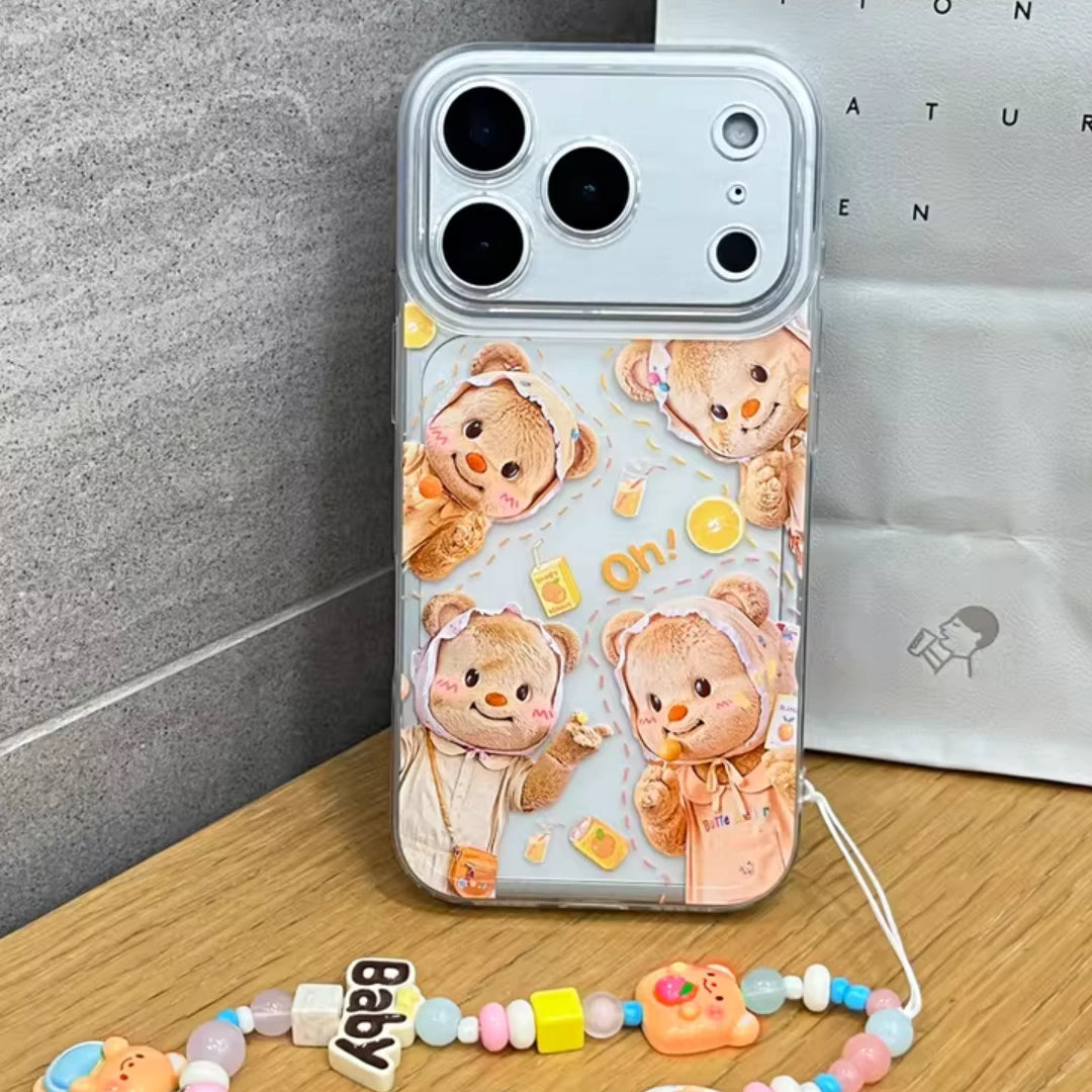 Ameigas Adorable Cartoon Bear iPhone 17 Pro Max Case – Soft Silicone Transparent Cover with Strap, Full Lens Protection for iPhone 12–16 Pro Models
