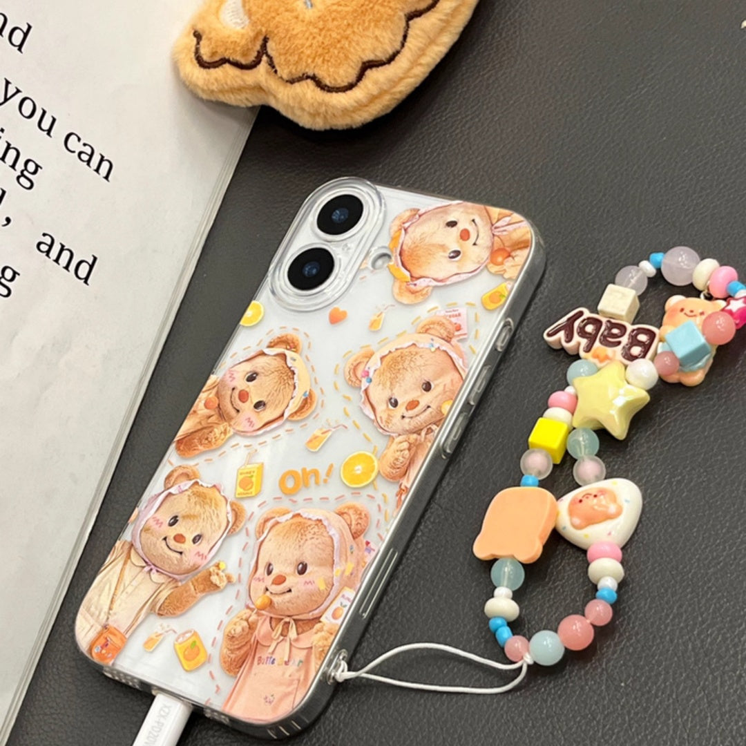 Ameigas Adorable Cartoon Bear iPhone 17 Pro Max Case – Soft Silicone Transparent Cover with Strap, Full Lens Protection for iPhone 12–16 Pro Models