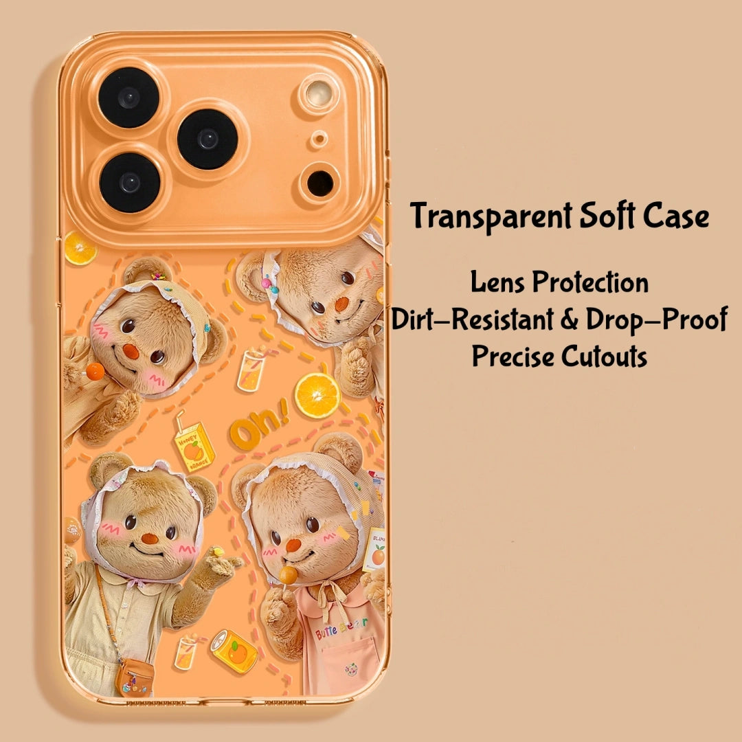 Ameigas Adorable Cartoon Bear iPhone 17 Pro Max Case – Soft Silicone Transparent Cover with Strap, Full Lens Protection for iPhone 12–16 Pro Models