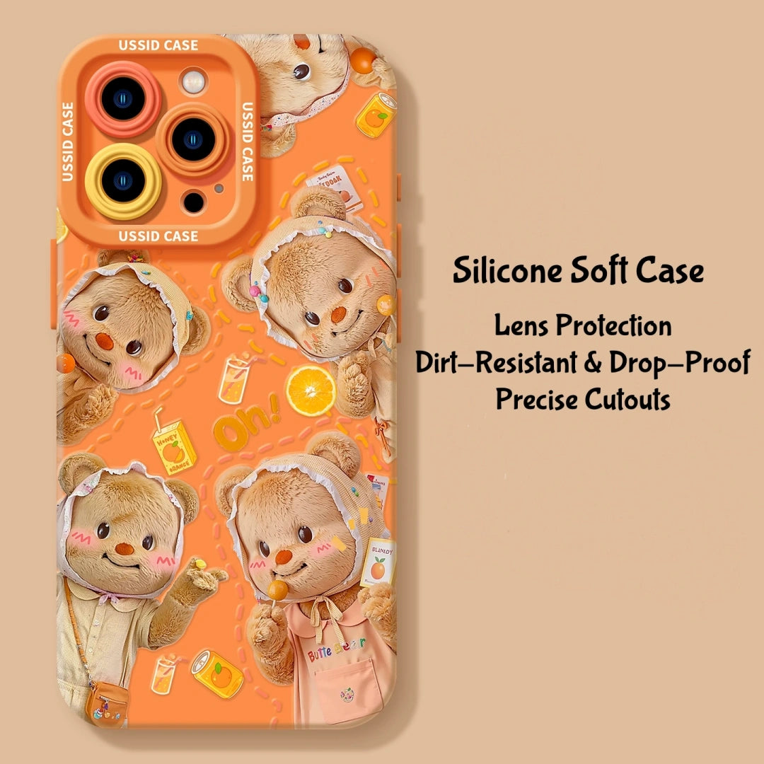 Ameigas Adorable Cartoon Bear iPhone 17 Pro Max Case – Soft Silicone Transparent Cover with Strap, Full Lens Protection for iPhone 12–16 Pro Models