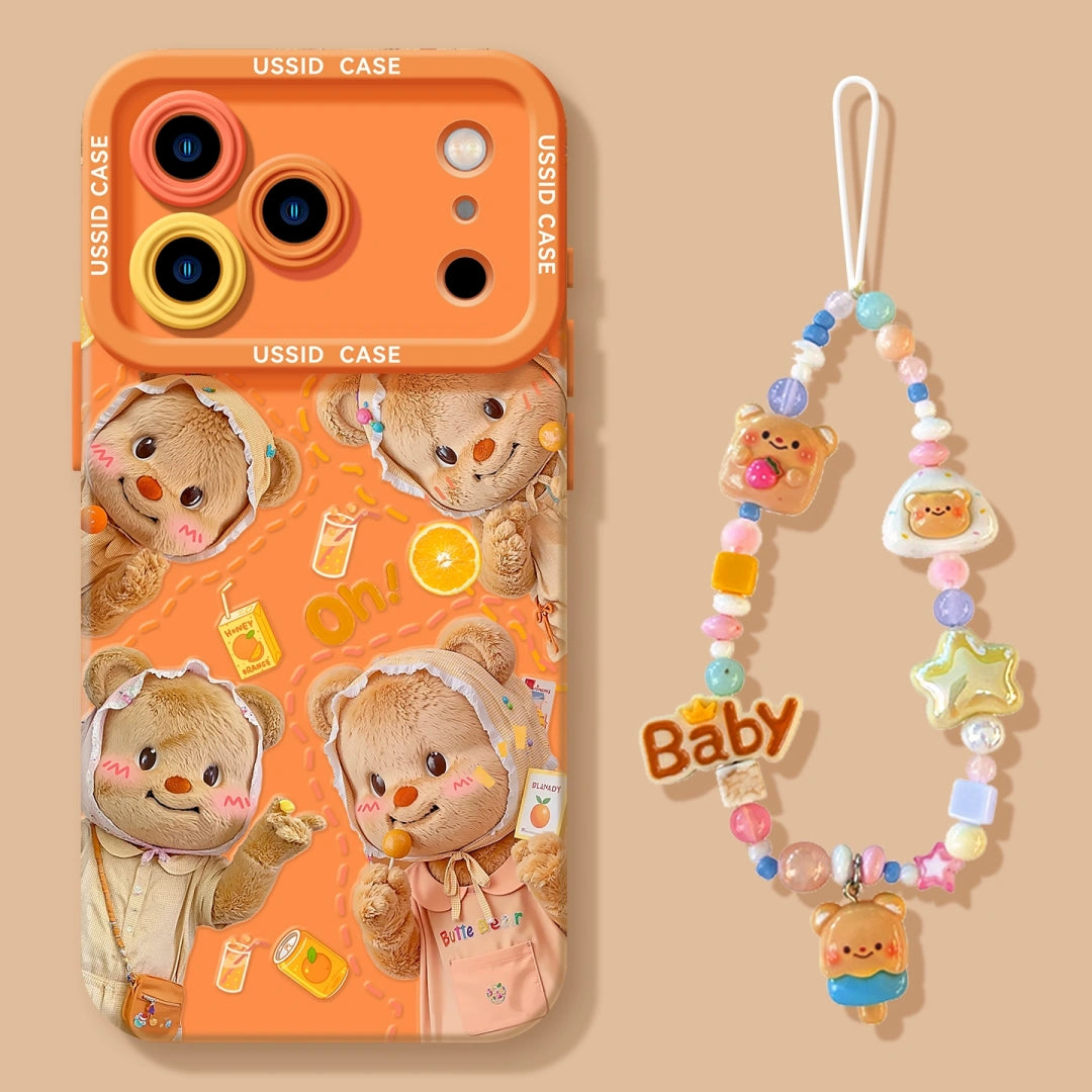 Ameigas Adorable Cartoon Bear iPhone 17 Pro Max Case – Soft Silicone Transparent Cover with Strap, Full Lens Protection for iPhone 12–16 Pro Models