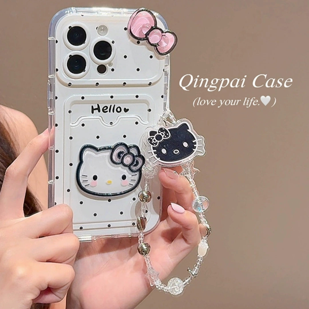Ameigas Cute Cat Polka Dot iPhone Case with Card Slot & Chain | Korean INS Style for Women