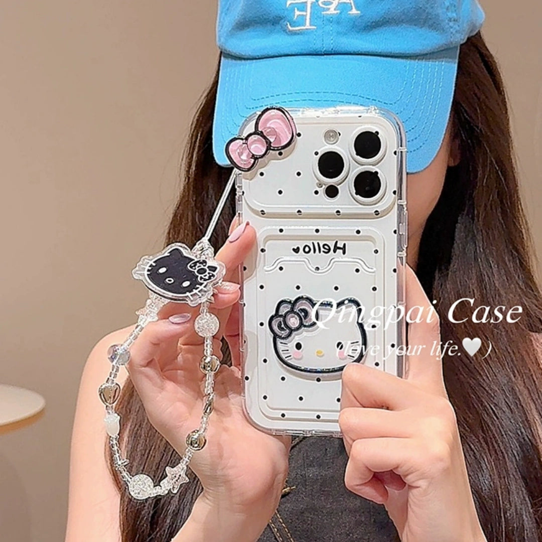 Ameigas Cute Cat Polka Dot iPhone Case with Card Slot & Chain | Korean INS Style for Women