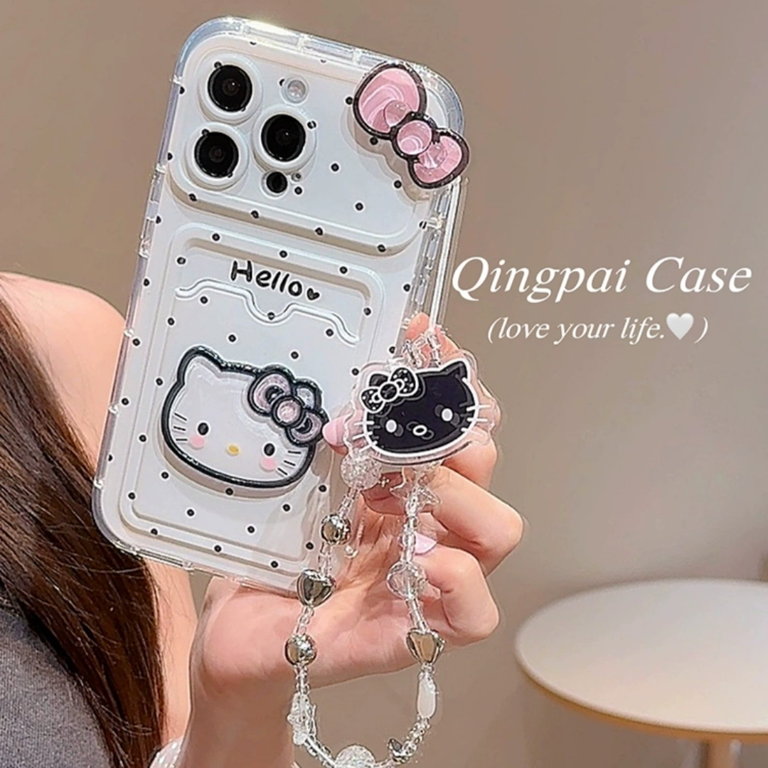 Ameigas Cute Cat Polka Dot iPhone Case with Card Slot & Chain | Korean INS Style for Women