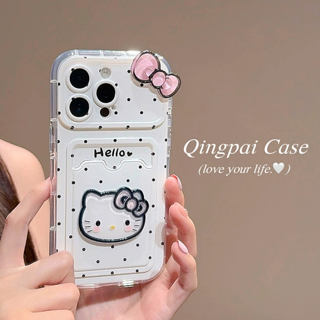 Ameigas Cute Cat Polka Dot iPhone Case with Card Slot & Chain | Korean INS Style for Women