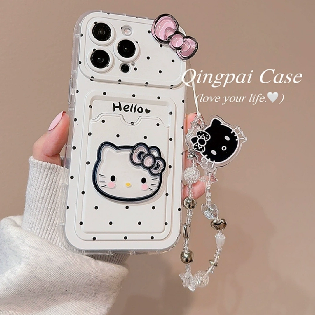 Ameigas Cute Cat Polka Dot iPhone Case with Card Slot & Chain | Korean INS Style for Women