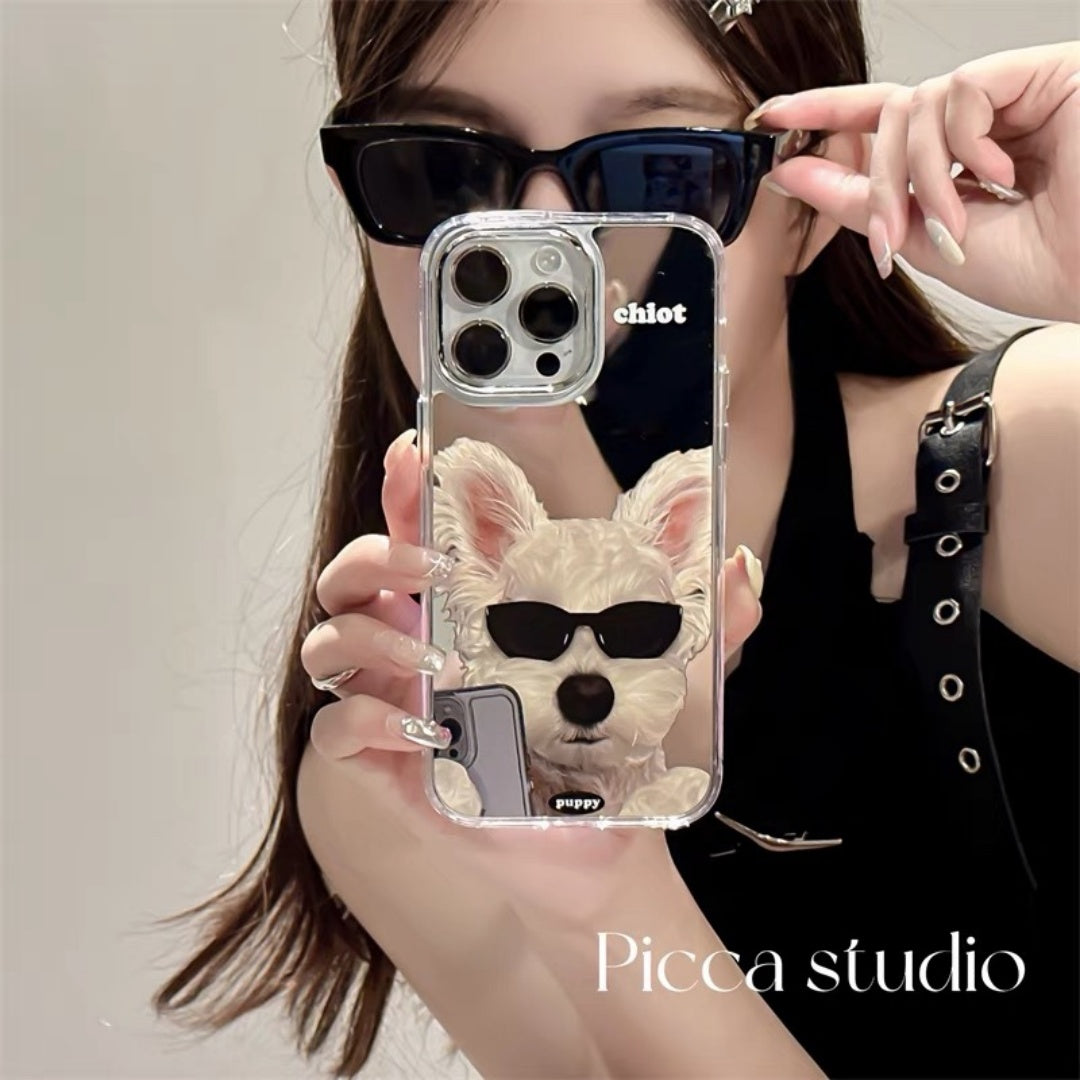Ameigas Cute Dog iPhone Case with Sunglasses – Mirror Cartoon Design, Shockproof Cover for iPhone