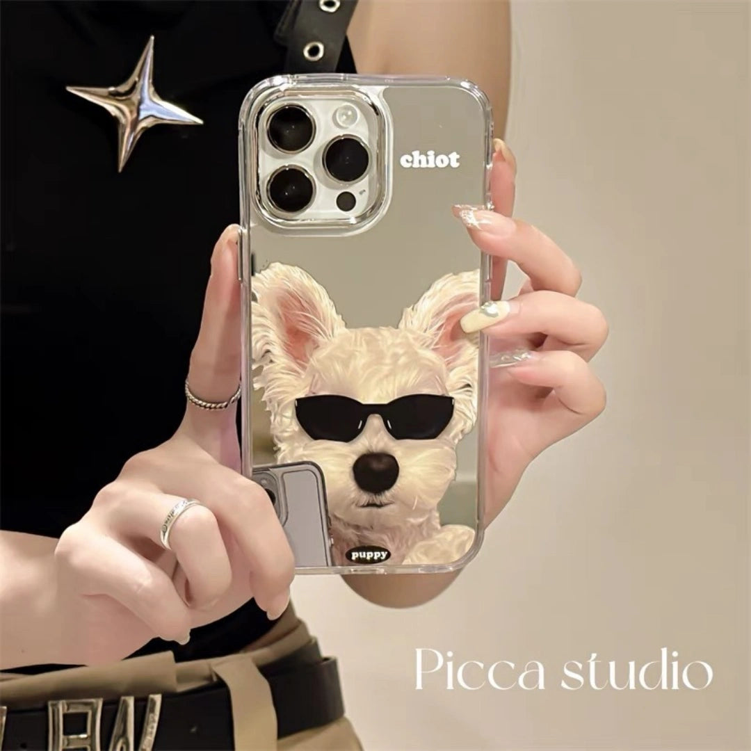 Ameigas Cute Dog iPhone Case with Sunglasses – Mirror Cartoon Design, Shockproof Cover for iPhone