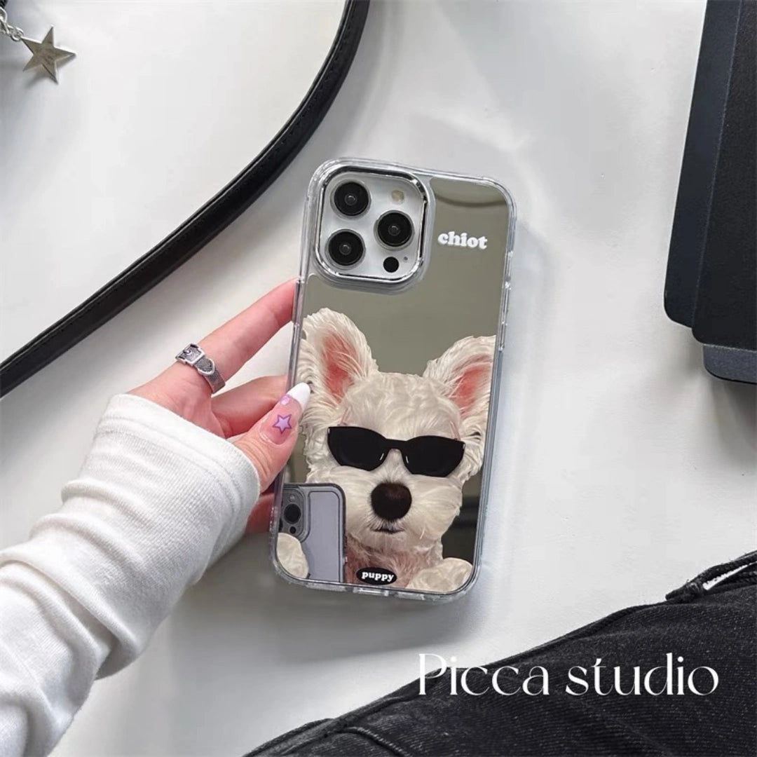 Ameigas Cute Dog iPhone Case with Sunglasses – Mirror Cartoon Design, Shockproof Cover for iPhone