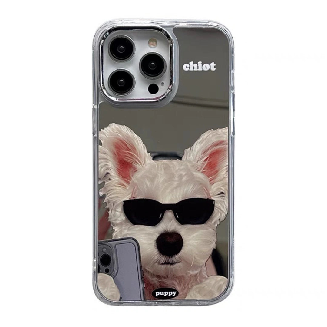 Ameigas Cute Dog iPhone Case with Sunglasses – Mirror Cartoon Design, Shockproof Cover for iPhone