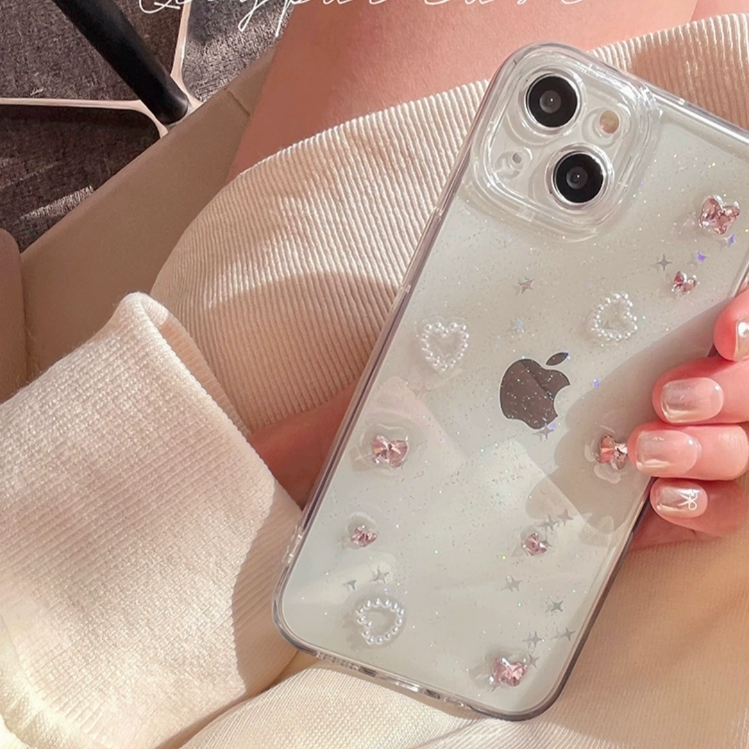 Ameigas Cute INS Transparent Diamond iPhone Case – 3D Resin Design, Hard Full-Coverage Shell for iPhone 12–17