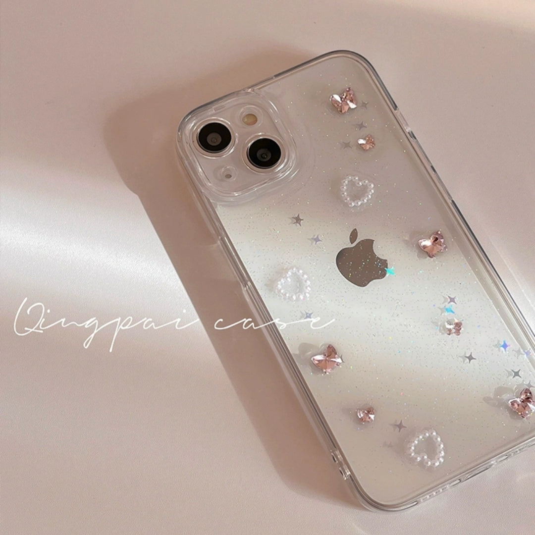 Ameigas Cute INS Transparent Diamond iPhone Case – 3D Resin Design, Hard Full-Coverage Shell for iPhone 12–17