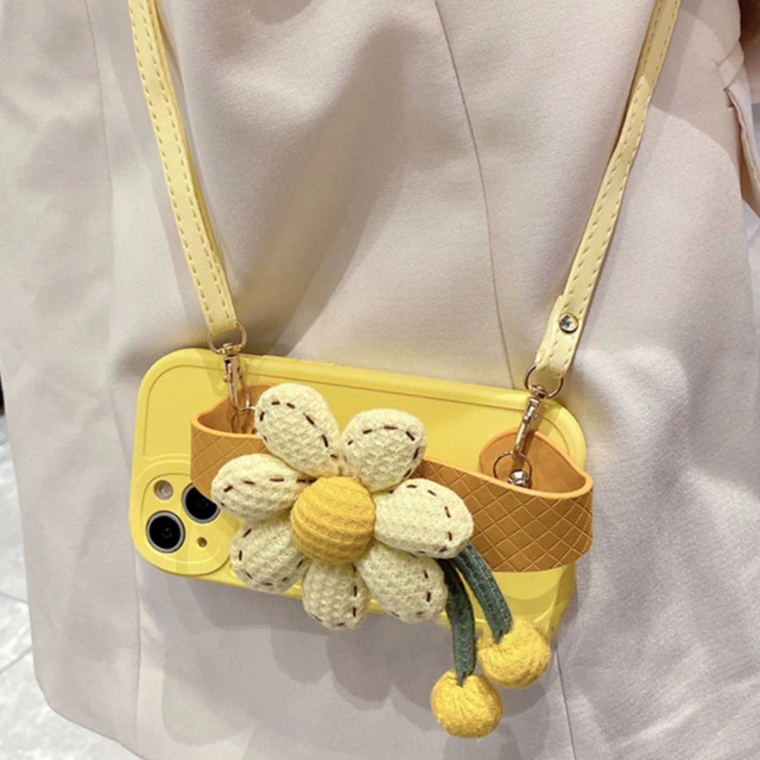 Ameigas Cute Pumpkin Flower iPhone 17 Case – Soft Silicone, Wrist Strap & Crossbody Design, Korean Style