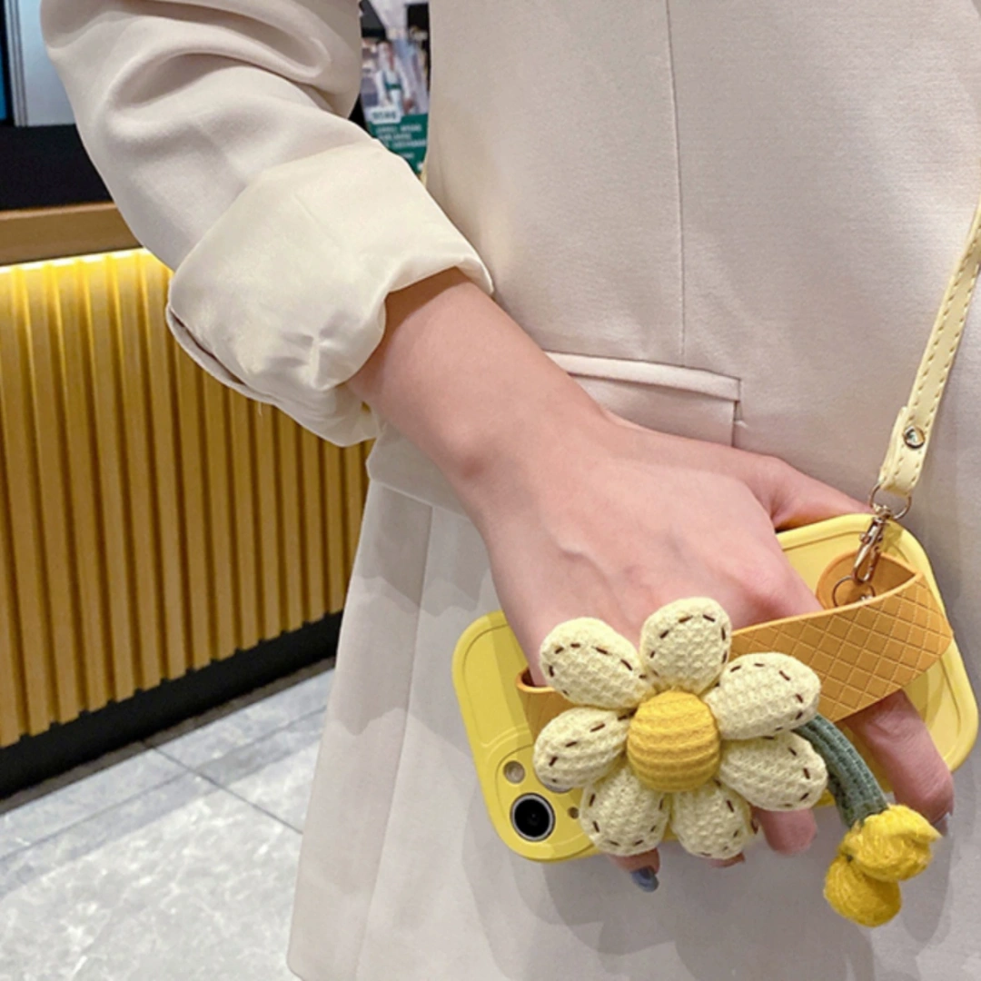 Ameigas Cute Pumpkin Flower iPhone 17 Case – Soft Silicone, Wrist Strap & Crossbody Design, Korean Style