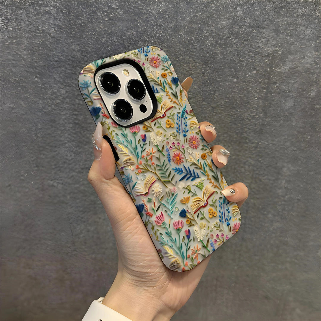 Ameigas Embroidery-Style Hard Film iPhone 16 Pro Max Case — Cute Floral & Cartoon Print, Shockproof Anti-Fingerprint Protective Cover for iPhone 15 / 14 Pro / 13