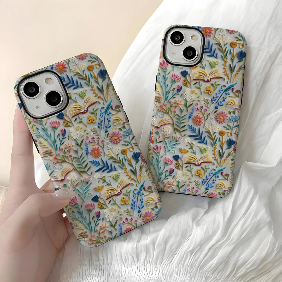 Ameigas Embroidery-Style Hard Film iPhone 16 Pro Max Case — Cute Floral & Cartoon Print, Shockproof Anti-Fingerprint Protective Cover for iPhone 15 / 14 Pro / 13