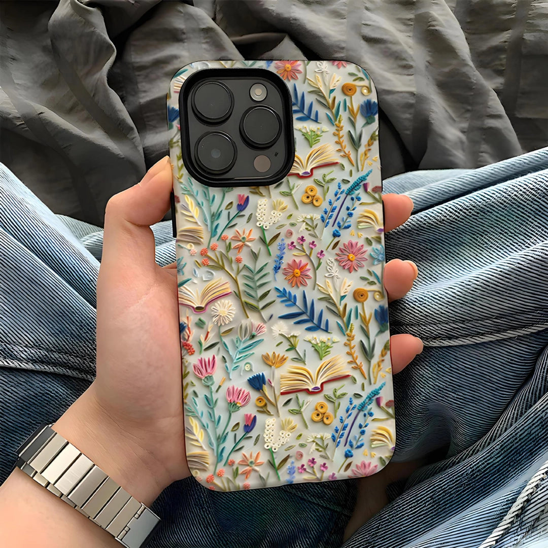 Ameigas Embroidery-Style Hard Film iPhone 16 Pro Max Case — Cute Floral & Cartoon Print, Shockproof Anti-Fingerprint Protective Cover for iPhone 15 / 14 Pro / 13