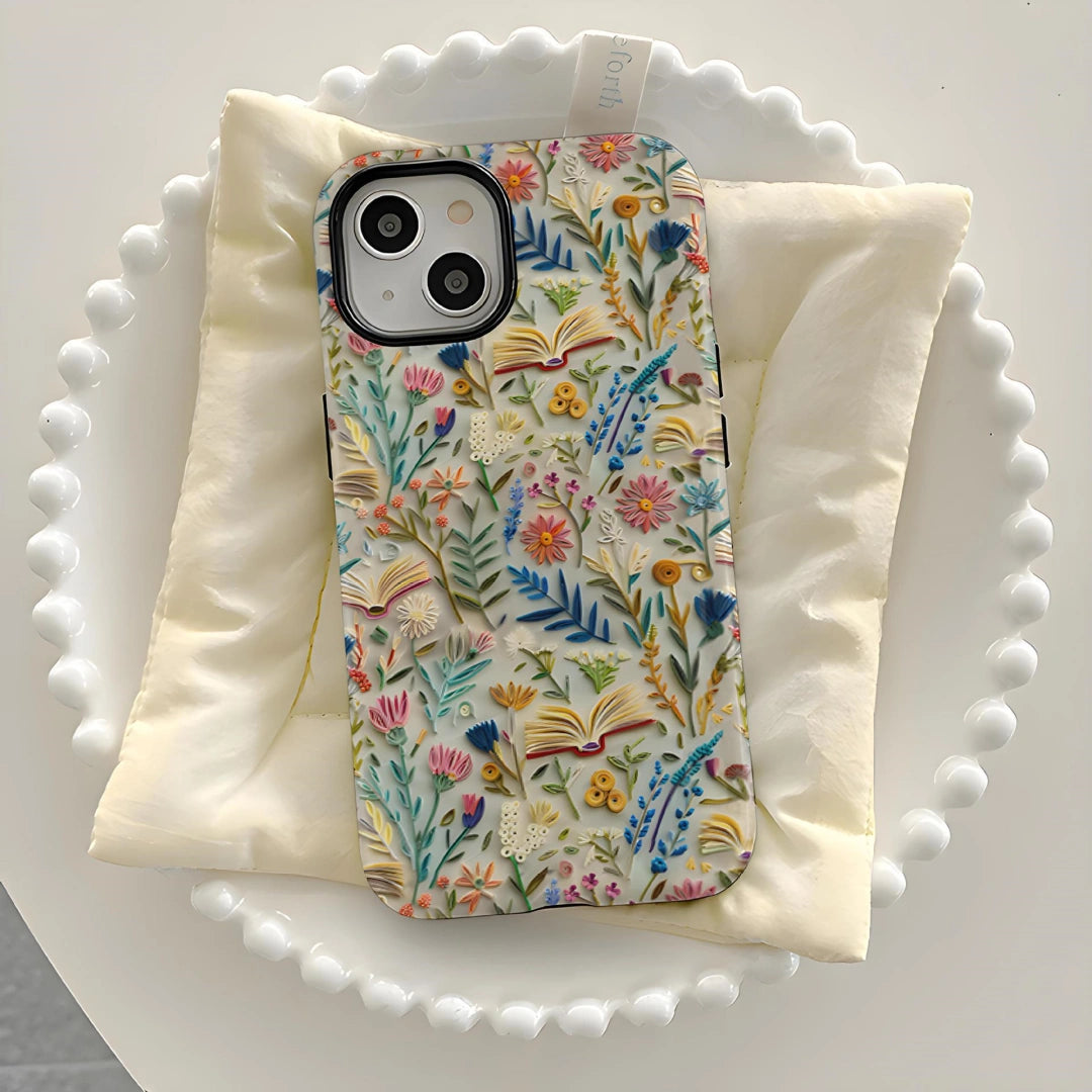 Ameigas Embroidery-Style Hard Film iPhone 16 Pro Max Case — Cute Floral & Cartoon Print, Shockproof Anti-Fingerprint Protective Cover for iPhone 15 / 14 Pro / 13
