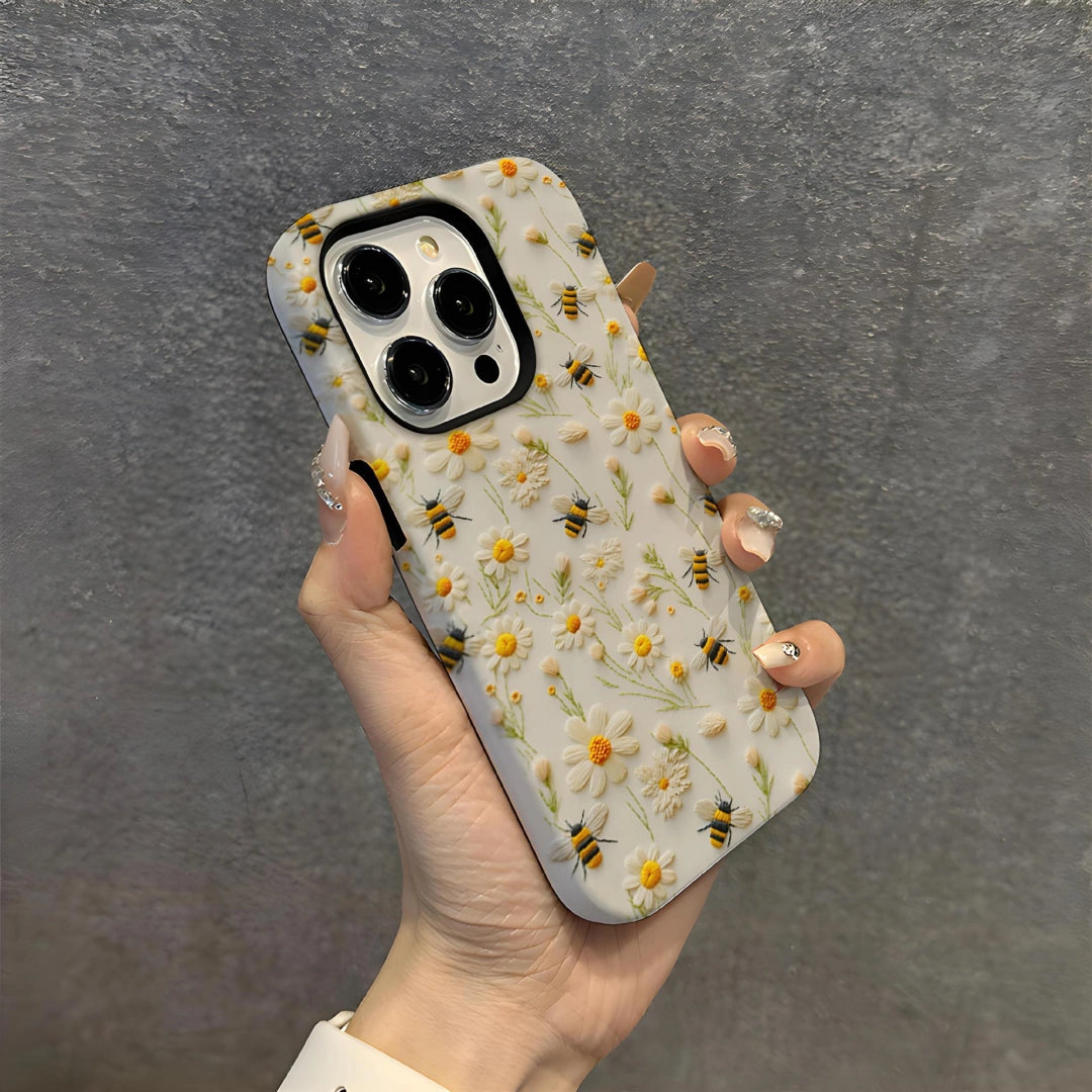 Ameigas Embroidery Bee Flower iPhone 17 Pro Max Case — Double-Layer Shockproof Hard Film Case for iPhone 16 Pro Max
