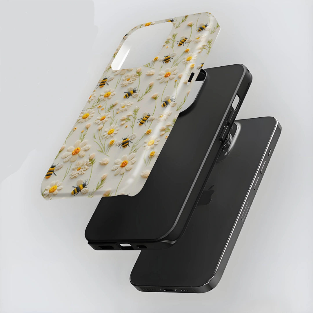 Ameigas Embroidery Bee Flower iPhone 17 Pro Max Case — Double-Layer Shockproof Hard Film Case for iPhone 16 Pro Max