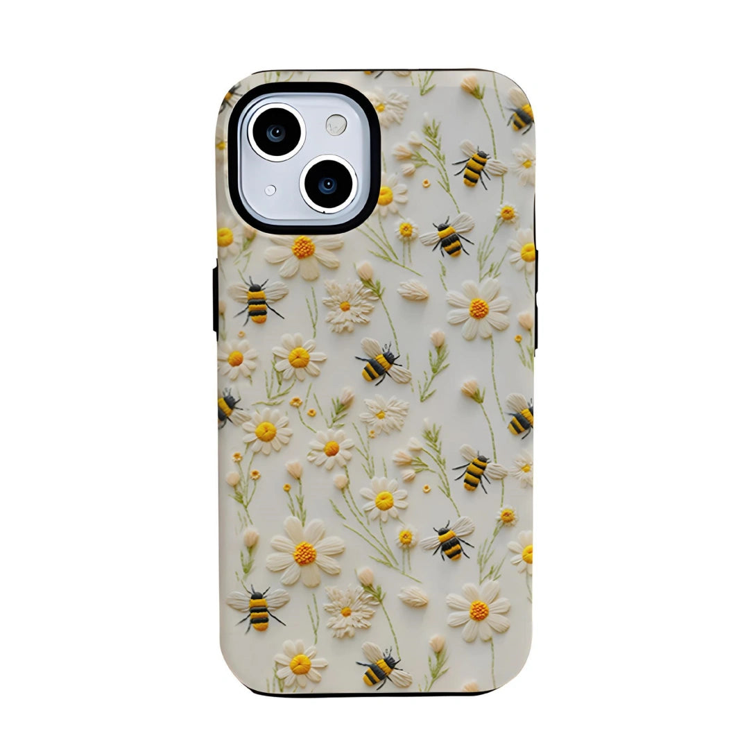 Ameigas Embroidery Bee Flower iPhone 17 Pro Max Case — Double-Layer Shockproof Hard Film Case for iPhone 16 Pro Max