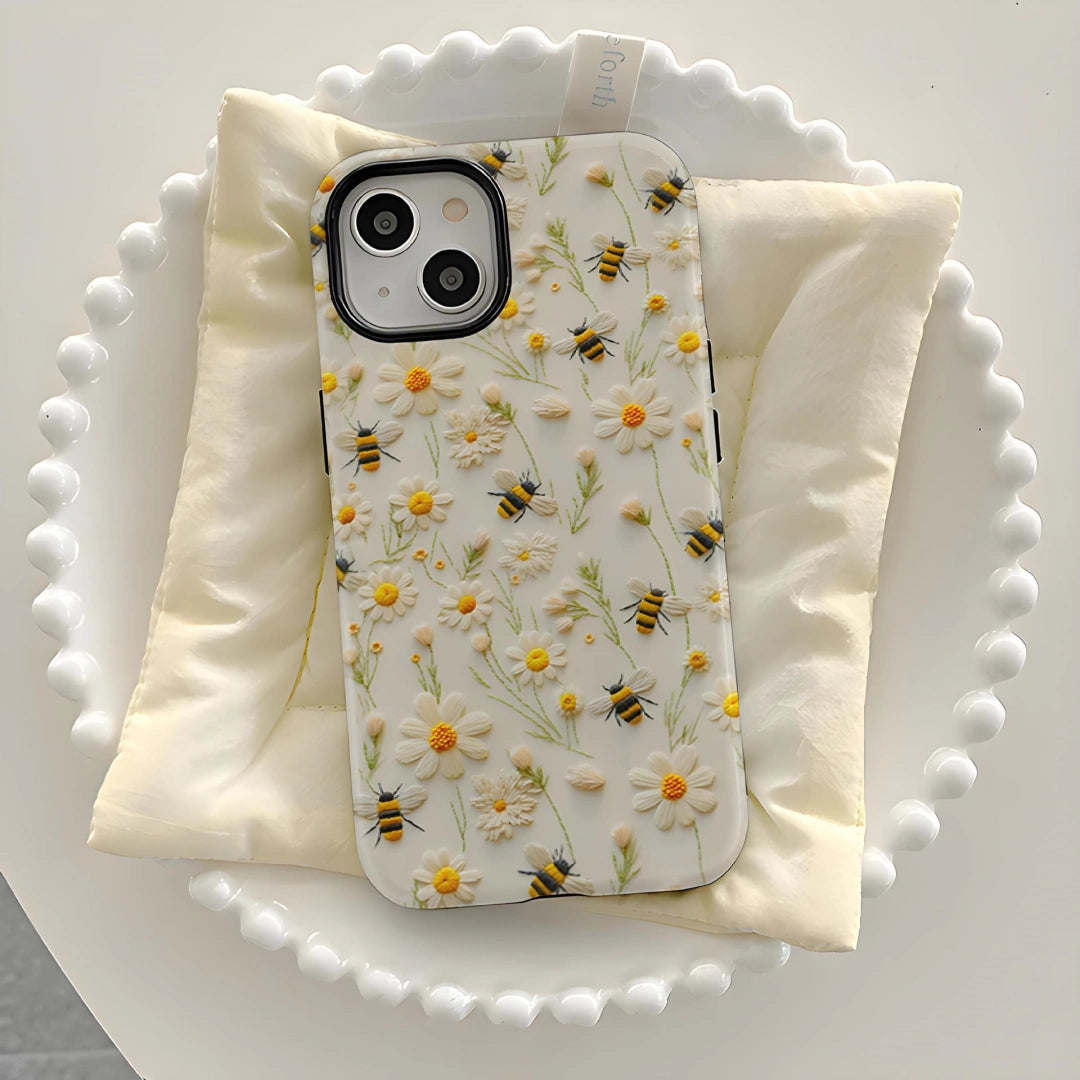 Ameigas Embroidery Bee Flower iPhone 17 Pro Max Case — Double-Layer Shockproof Hard Film Case for iPhone 16 Pro Max