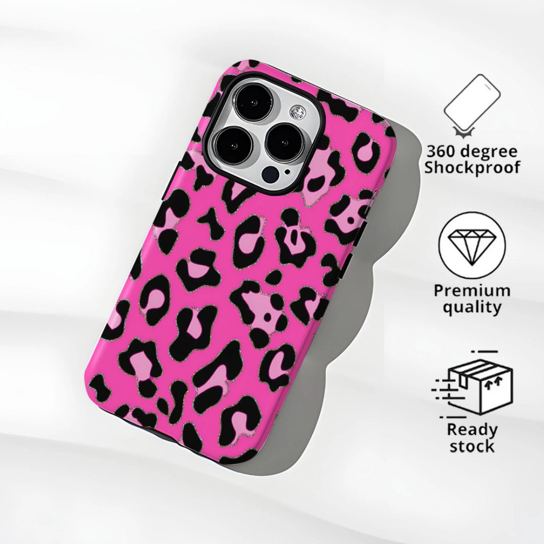 Ameigas Glitter Leopard Print iPhone Case for iPhone 17 Pro Max / 16 Pro Max — Hot Transfer Hard Film Case, Shockproof & Anti-Scratch