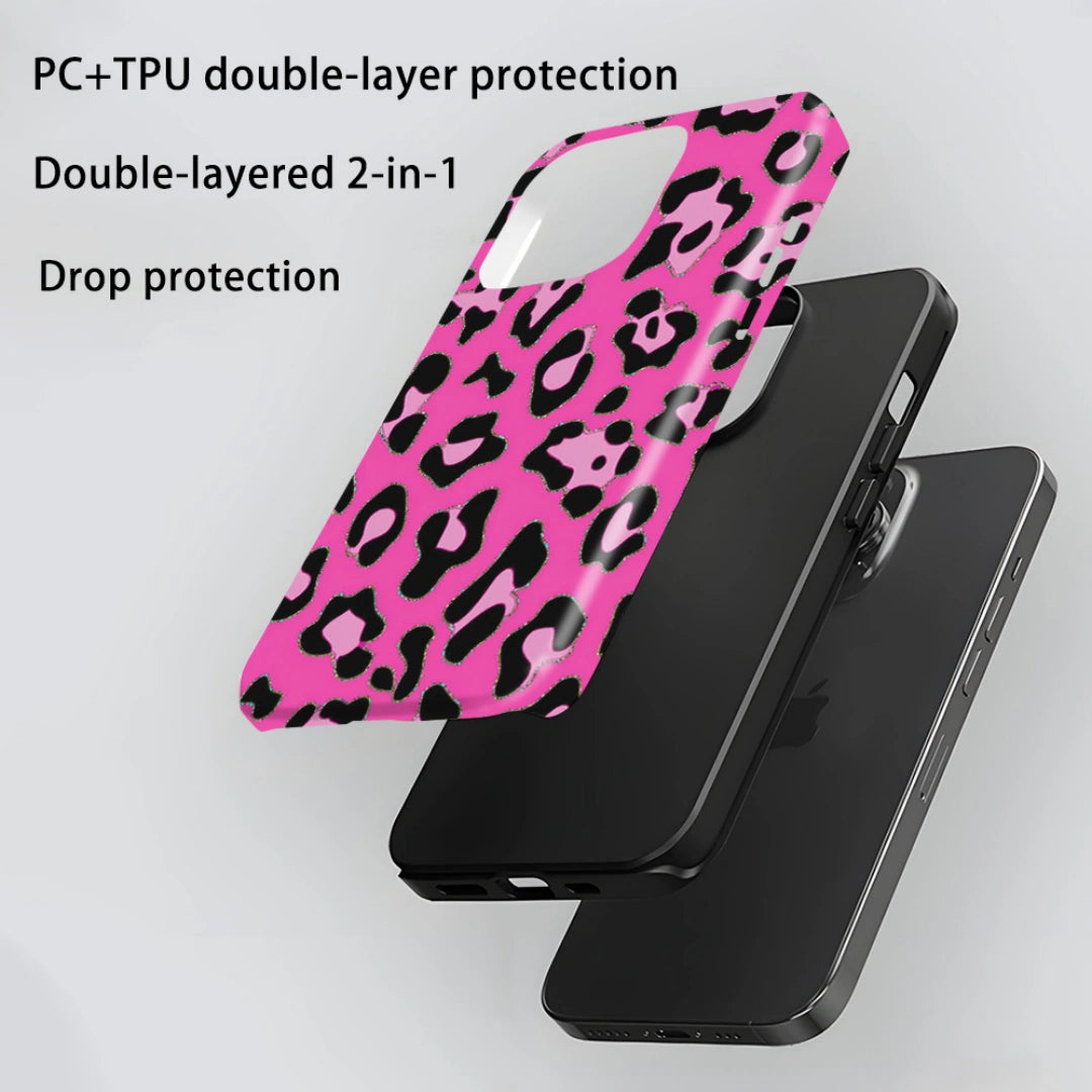 Ameigas Glitter Leopard Print iPhone Case for iPhone 17 Pro Max / 16 Pro Max — Hot Transfer Hard Film Case, Shockproof & Anti-Scratch