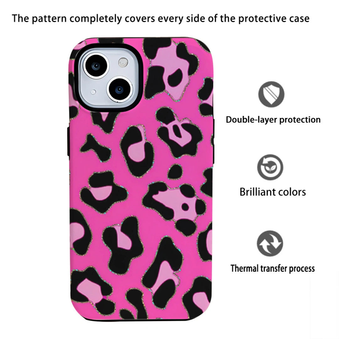 Ameigas Glitter Leopard Print iPhone Case for iPhone 17 Pro Max / 16 Pro Max — Hot Transfer Hard Film Case, Shockproof & Anti-Scratch