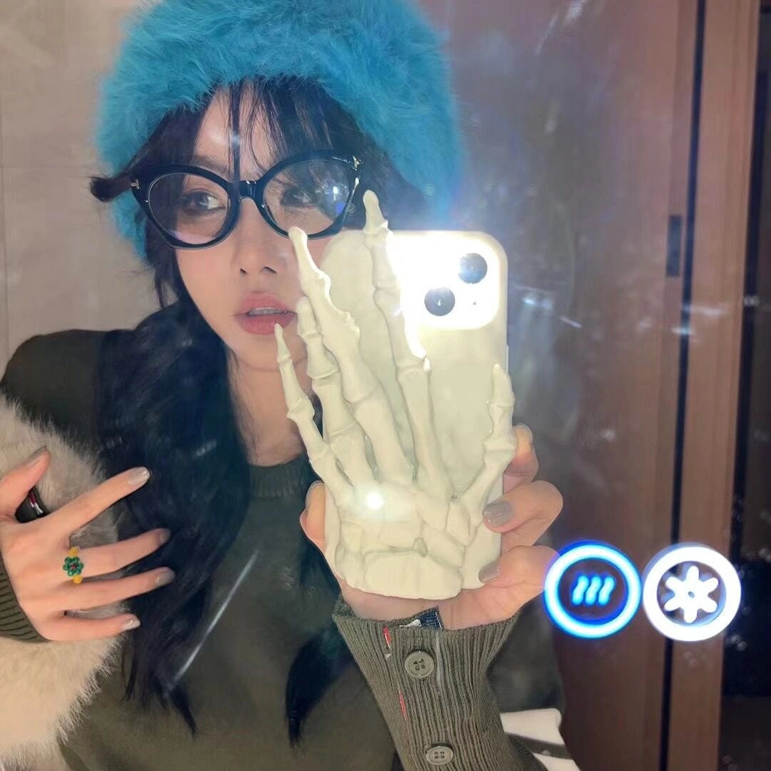 Ameigas Halloween Skeleton Hand Silicone iPhone 17/16/15/14 Pro Max/11 Case with Invisible Stand Shockproof Soft Cover