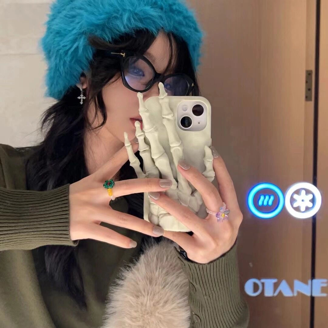 Ameigas Halloween Skeleton Hand Silicone iPhone 17/16/15/14 Pro Max/11 Case with Invisible Stand Shockproof Soft Cover