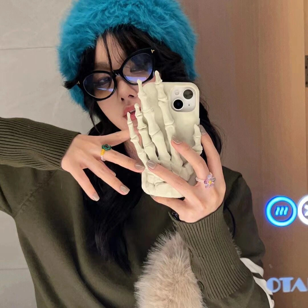 Ameigas Halloween Skeleton Hand Silicone iPhone 17/16/15/14 Pro Max/11 Case with Invisible Stand Shockproof Soft Cover