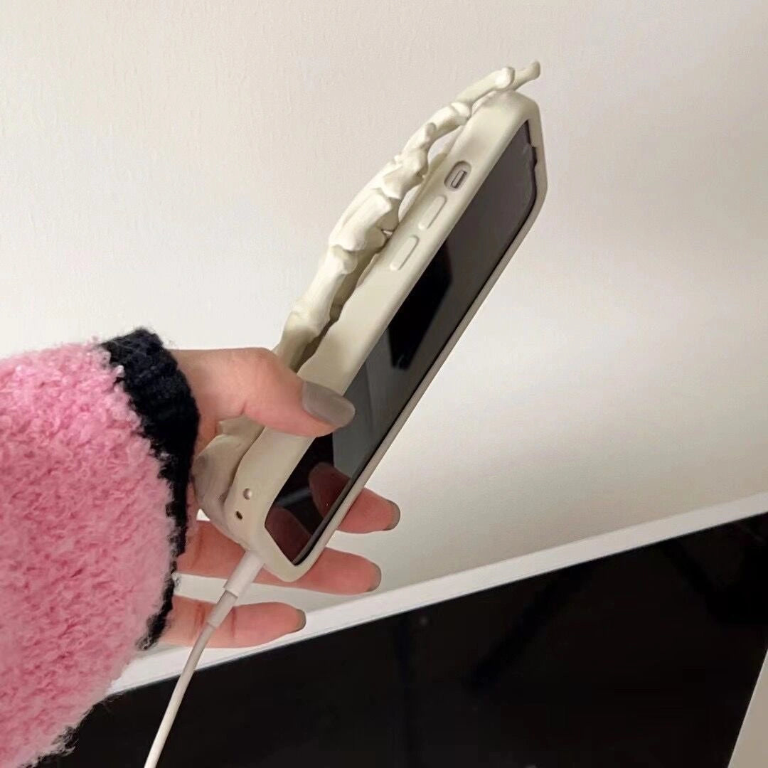 Ameigas Halloween Skeleton Hand Silicone iPhone 17/16/15/14 Pro Max/11 Case with Invisible Stand Shockproof Soft Cover