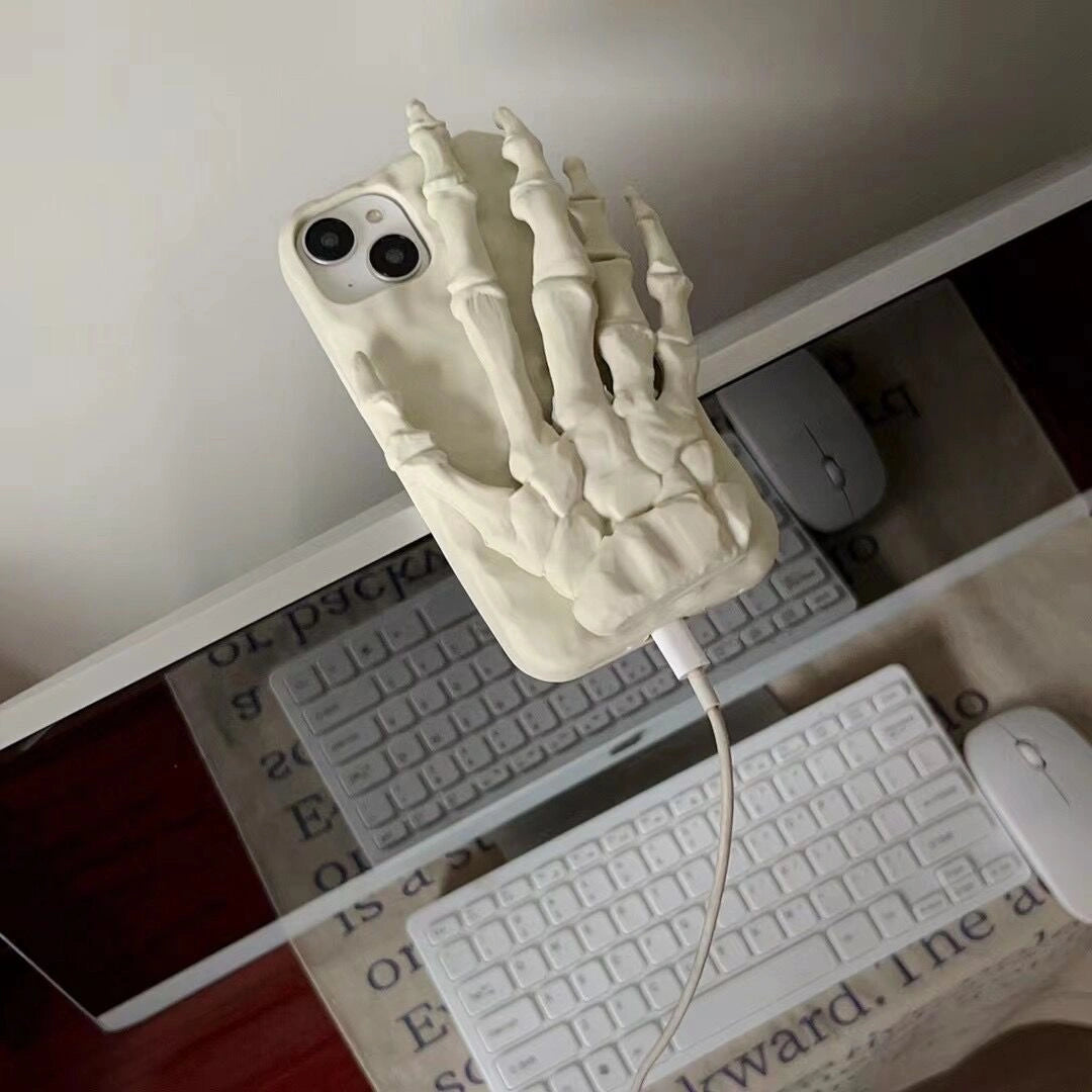 Ameigas Halloween Skeleton Hand Silicone iPhone 17/16/15/14 Pro Max/11 Case with Invisible Stand Shockproof Soft Cover