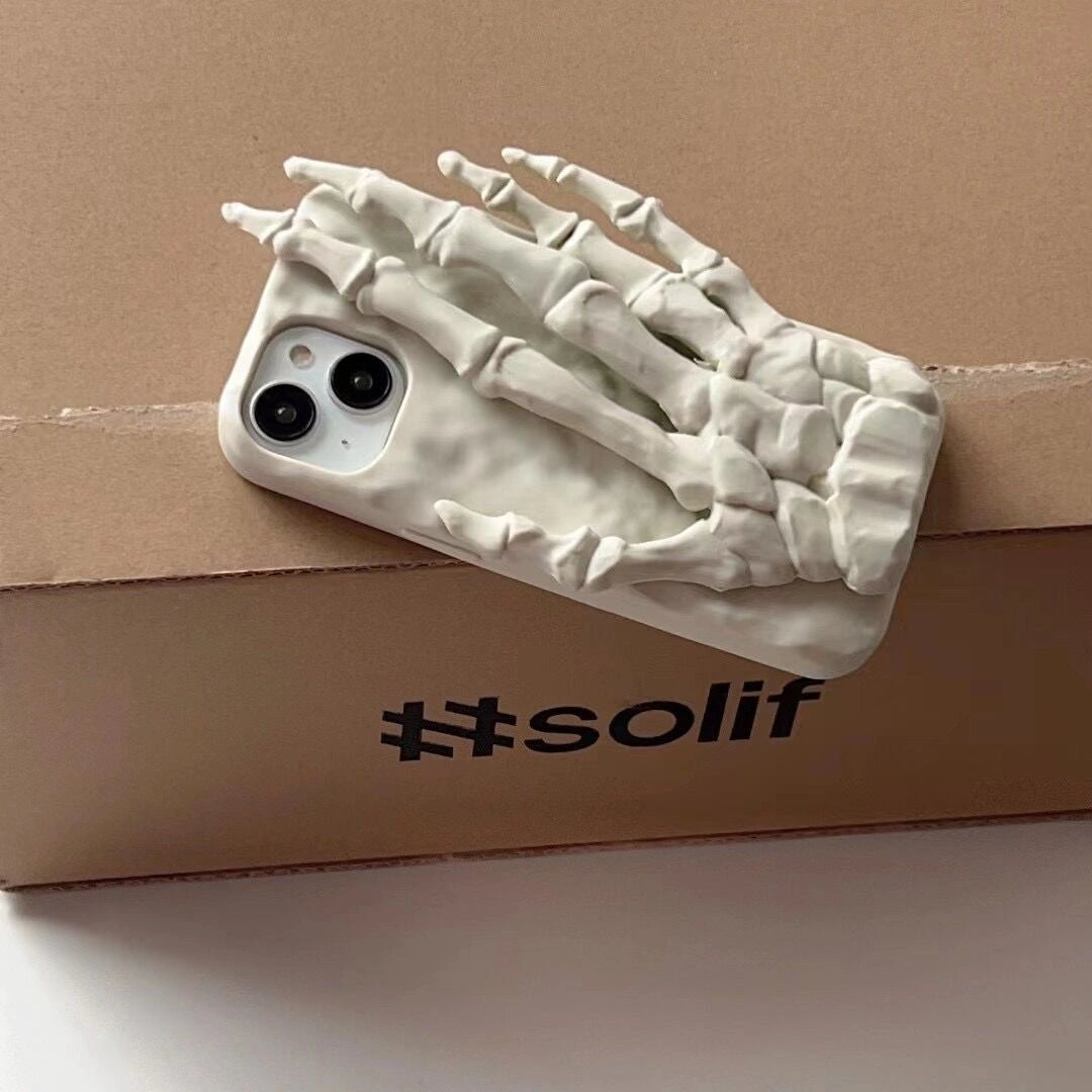 Ameigas Halloween Skeleton Hand Silicone iPhone 17/16/15/14 Pro Max/11 Case with Invisible Stand Shockproof Soft Cover