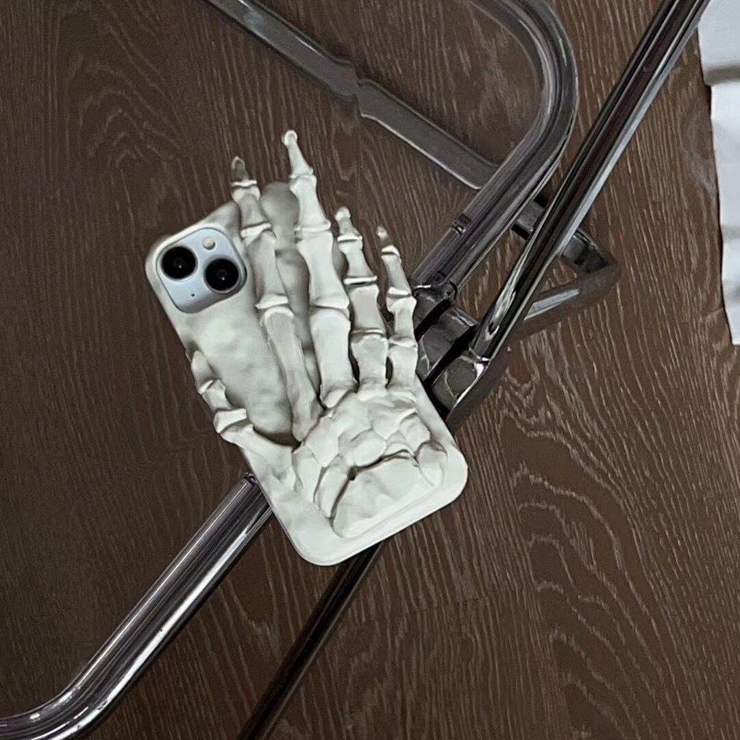 Ameigas Halloween Skeleton Hand Silicone iPhone 17/16/15/14 Pro Max/11 Case with Invisible Stand Shockproof Soft Cover