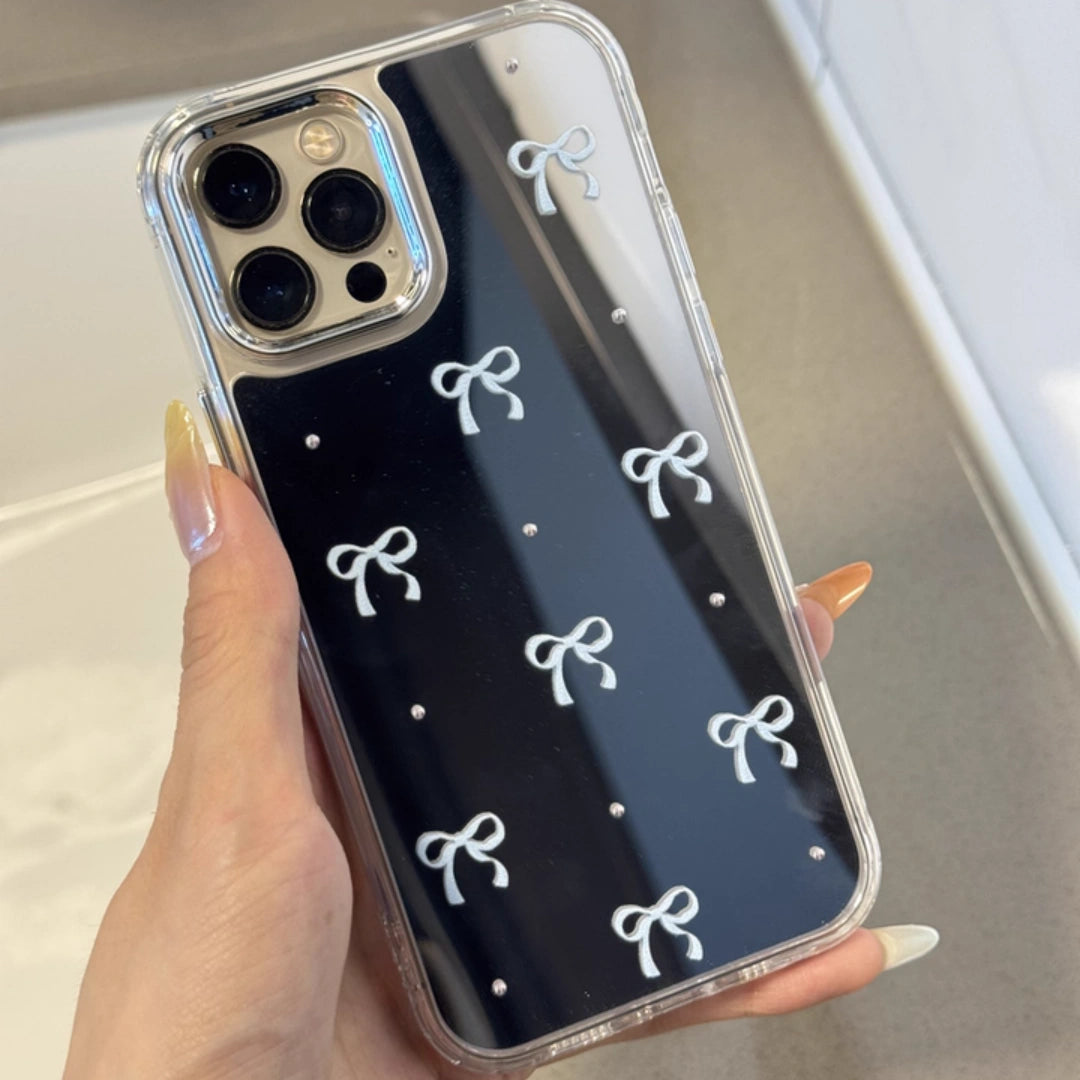 Ameigas INS Blue Bow Mirror iPhone 16 Pro Max Case – Full Hard Cover for iPhone