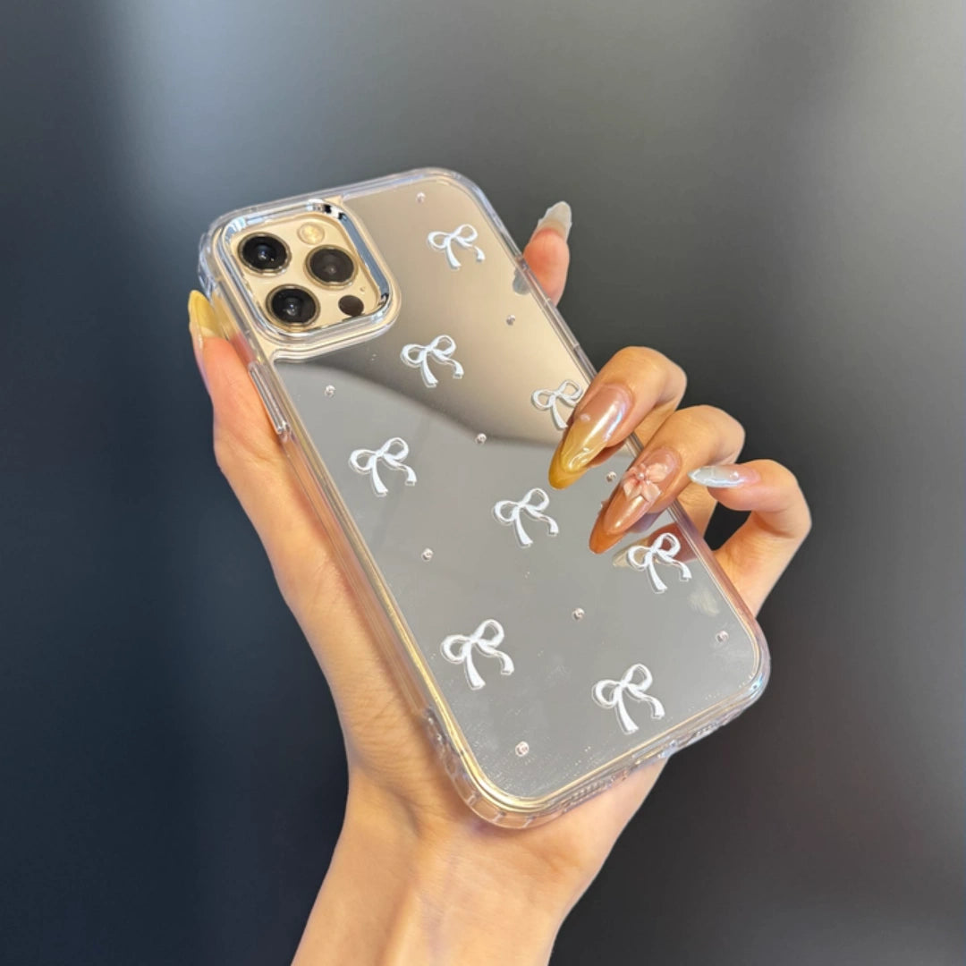 Ameigas INS Blue Bow Mirror iPhone 16 Pro Max Case – Full Hard Cover for iPhone