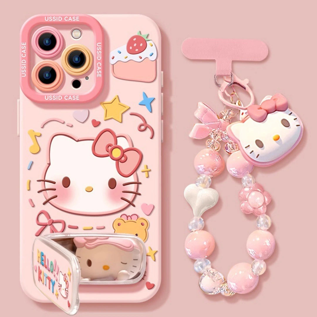 Ameigas Kitty Pink Mirror Chain Silicone Protective Phone Case