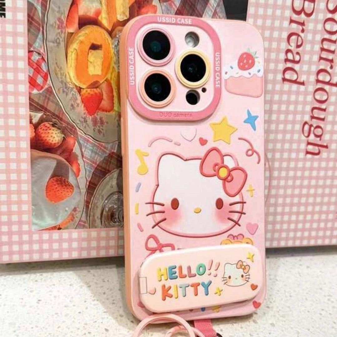 Ameigas Kitty Pink Mirror Chain Silicone Protective Phone Case