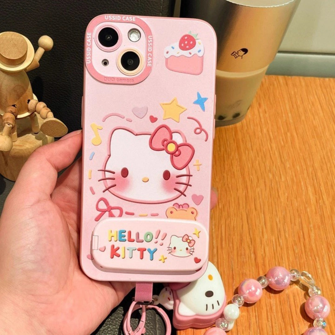 Ameigas Kitty Pink Mirror Chain Silicone Protective Phone Case