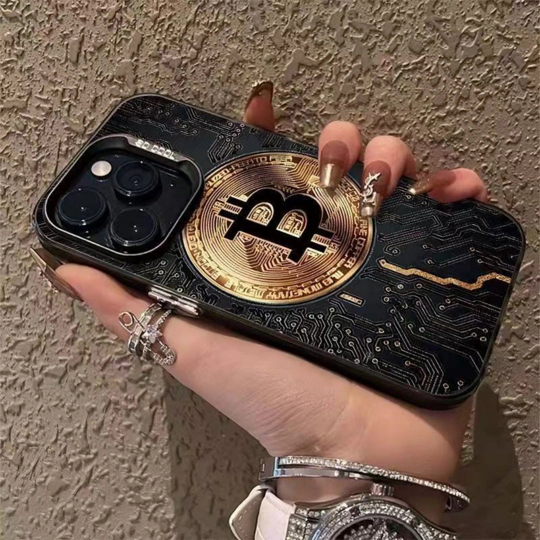 Ameigas Luxury Bitcoin Chrome Laser Stand Case for iPhone