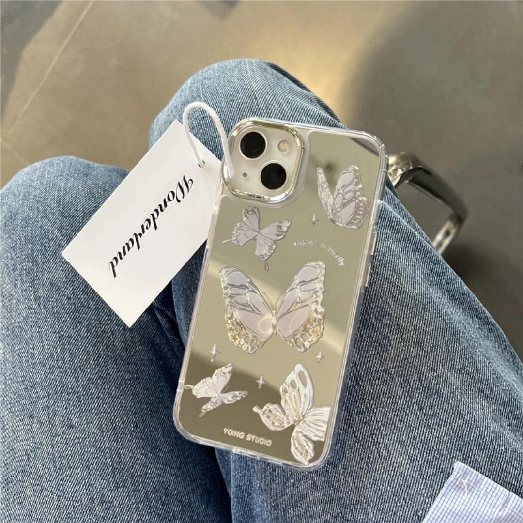 Ameigas Luxury Butterfly Mirror Case for iPhone 17 Pro Max – Electroplated Soft PC Shockproof Cover, Silver Gray