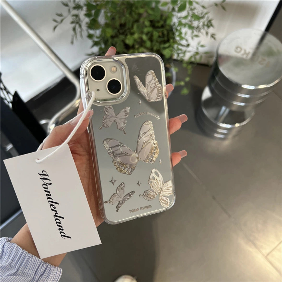 Ameigas Luxury Butterfly Mirror Case for iPhone 17 Pro Max – Electroplated Soft PC Shockproof Cover, Silver Gray