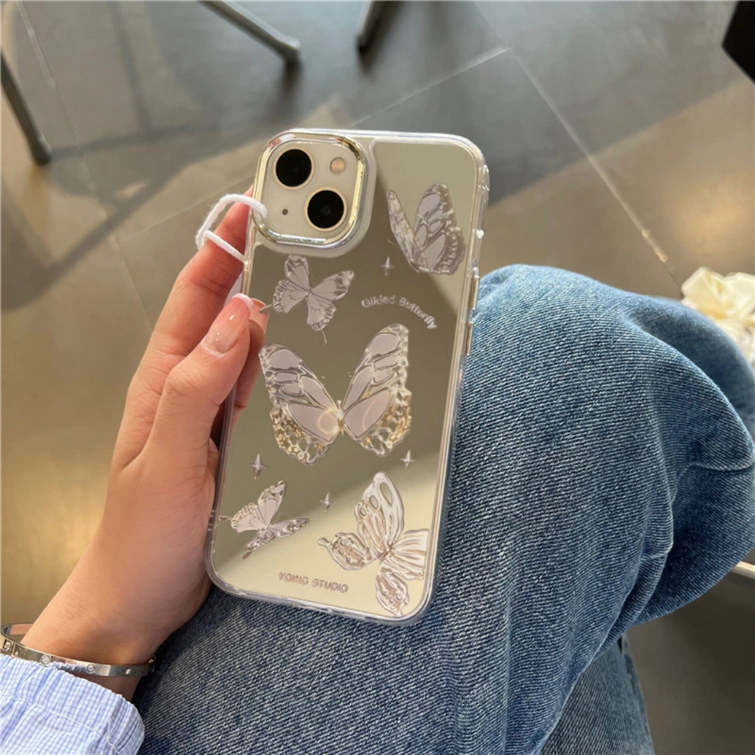 Ameigas Luxury Butterfly Mirror Case for iPhone 17 Pro Max – Electroplated Soft PC Shockproof Cover, Silver Gray