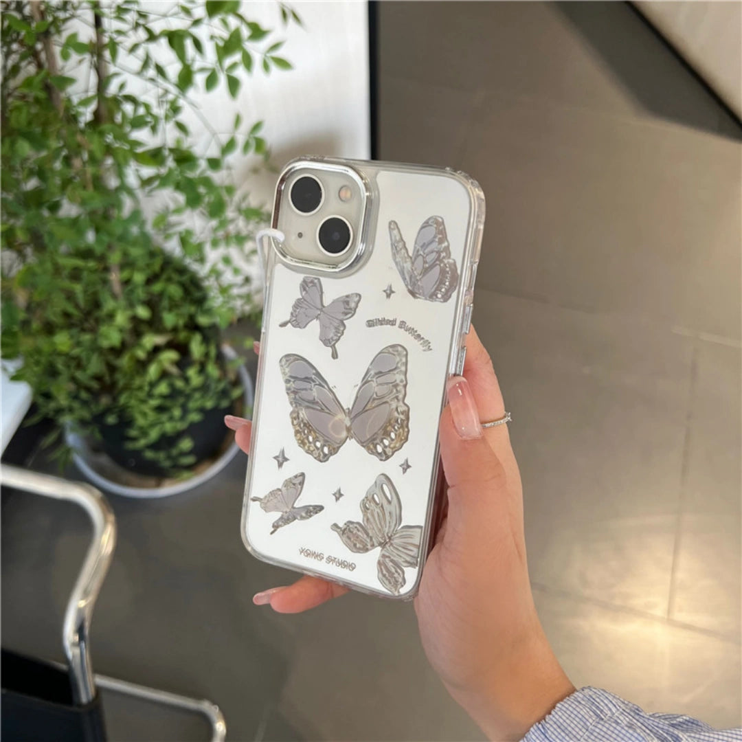 Ameigas Luxury Butterfly Mirror Case for iPhone 17 Pro Max – Electroplated Soft PC Shockproof Cover, Silver Gray
