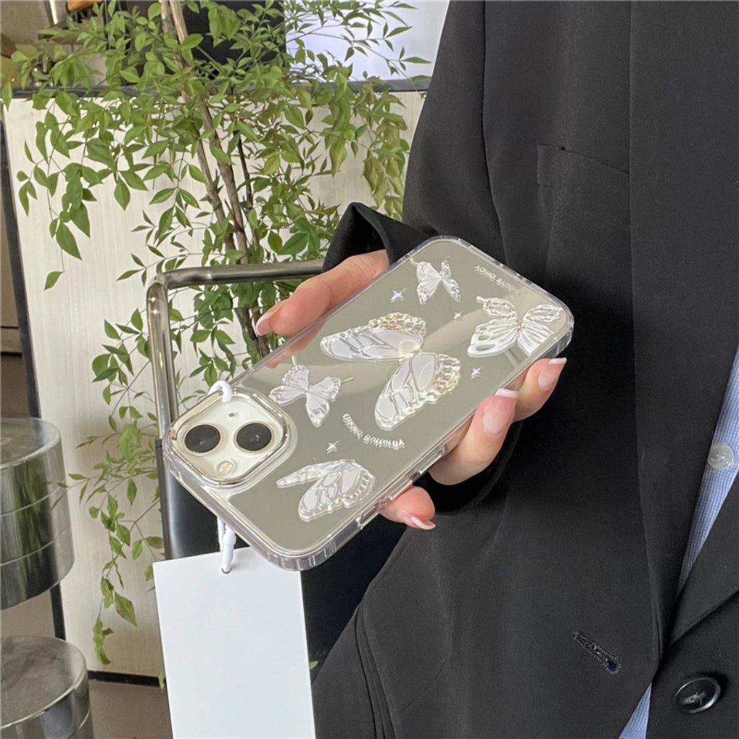 Ameigas Luxury Butterfly Mirror Case for iPhone 17 Pro Max – Electroplated Soft PC Shockproof Cover, Silver Gray